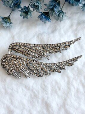 Double Angel Wing Silver Toned Rhinestone Accented Vintage Inspired Brooch Pin